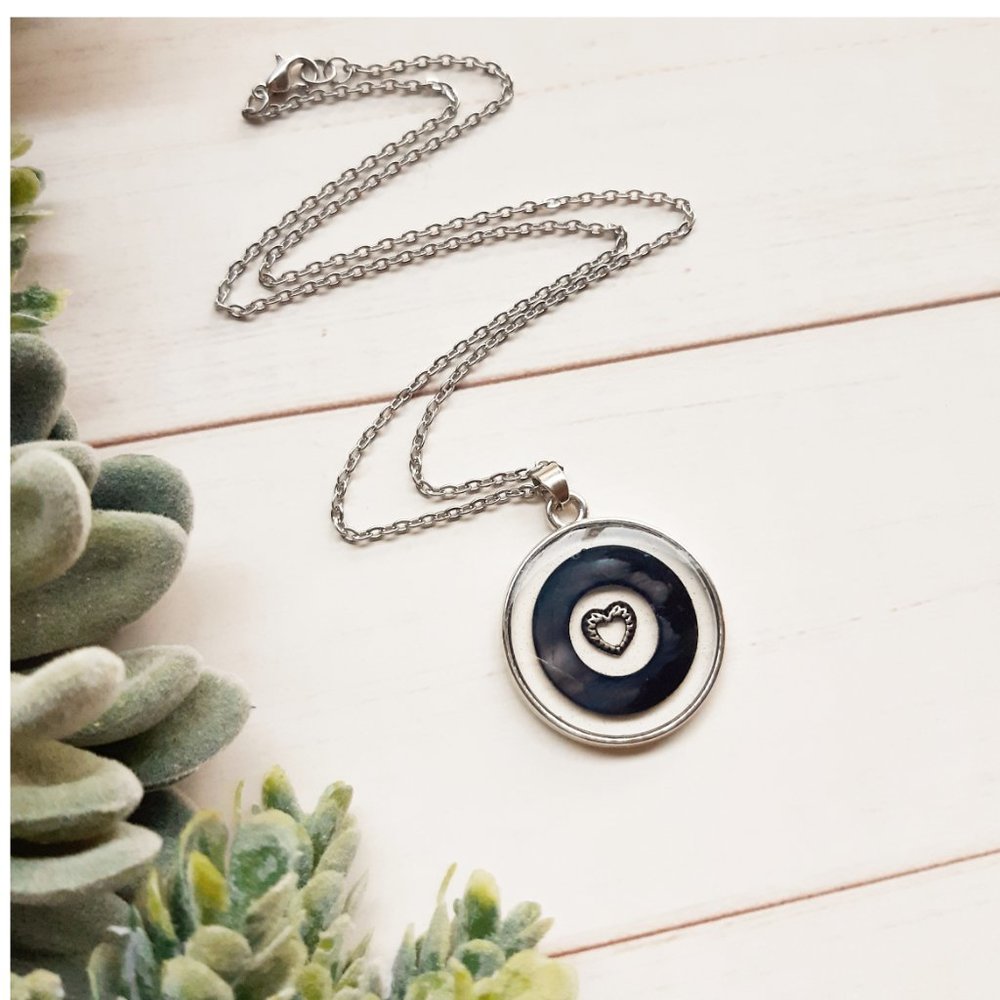 Charcoal Black and Silver Necklace Open Heart Charm Resin Pendant Necklace